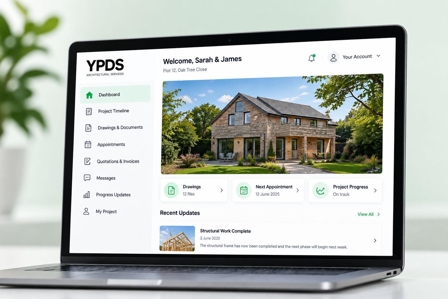 The YPDS Client Portal shown on a laptop, with project timeline, drawings, appointments and progress updates