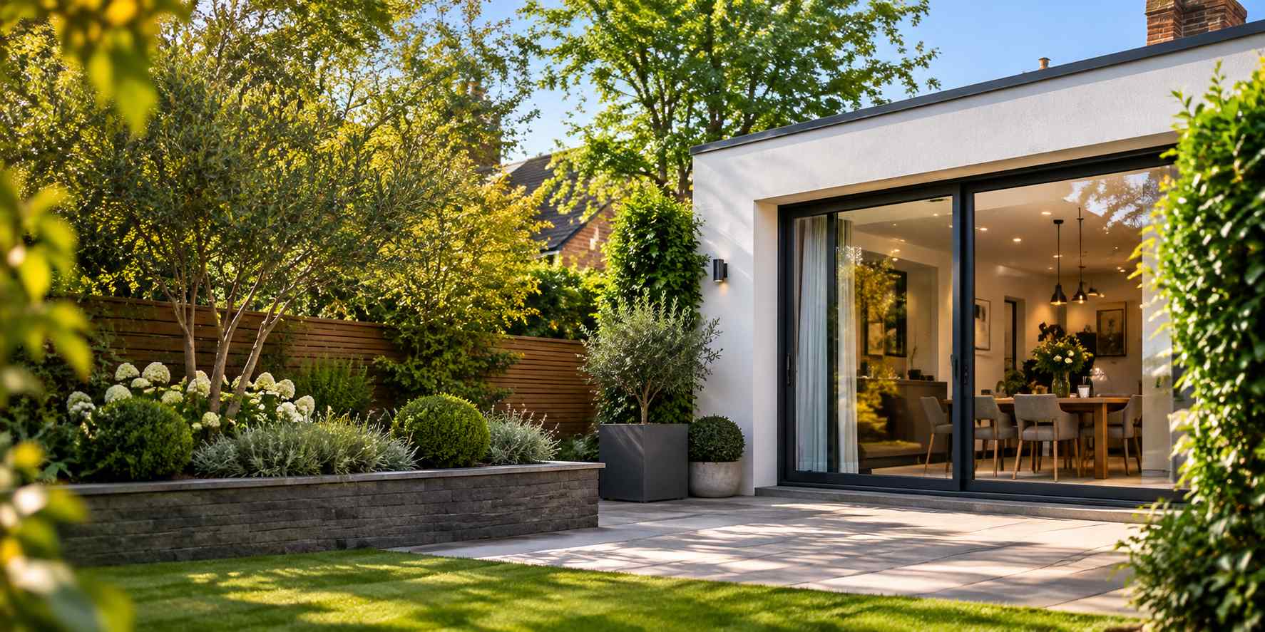 A contemporary white rear extension with black glazing opening onto a landscaped Yorkshire garden