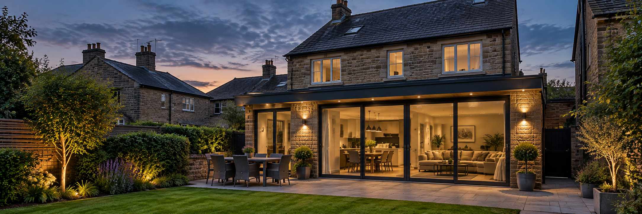 A Yorkshire stone house at dusk with a contemporary glazed rear extension and illuminated garden
