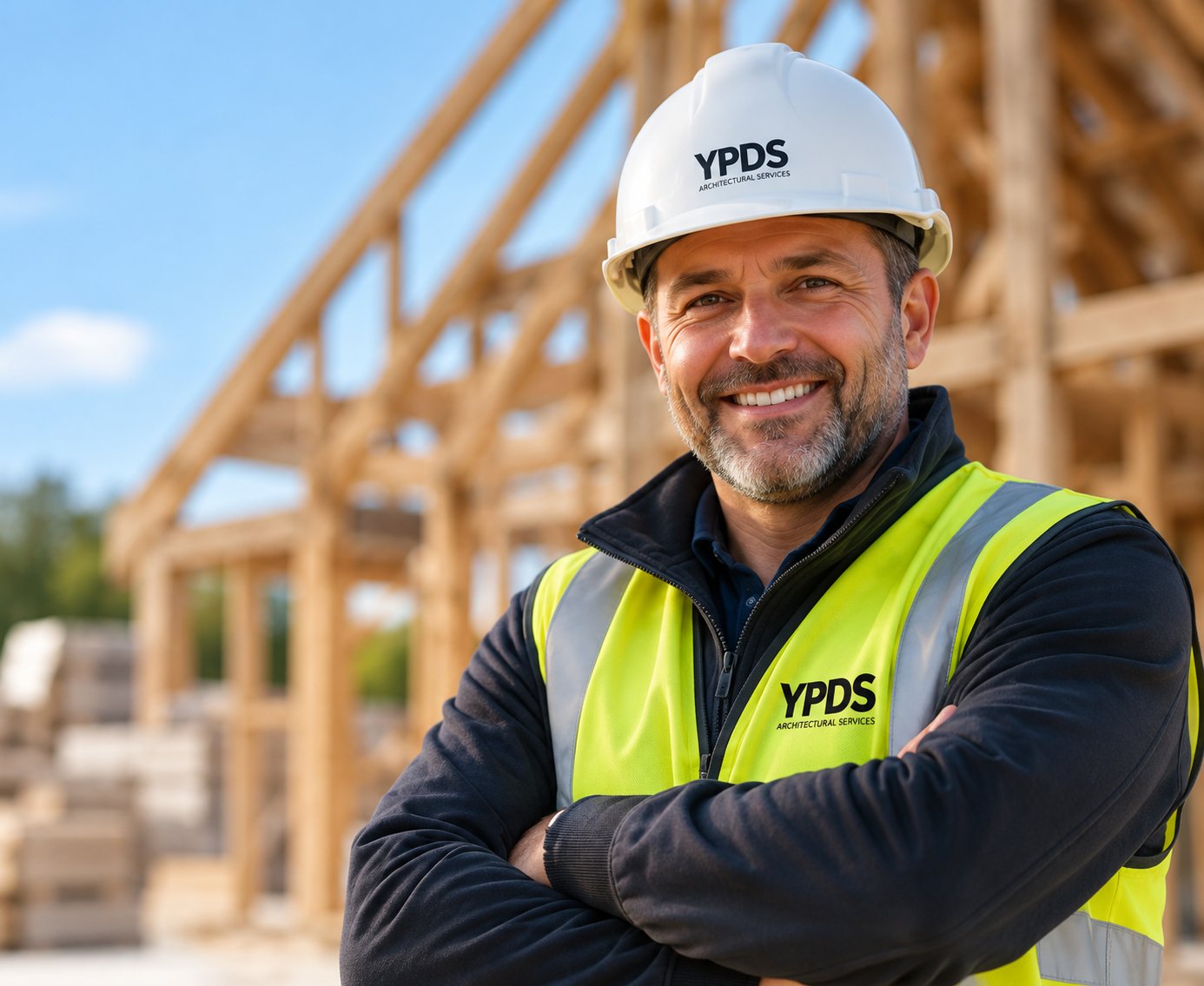A YPDS trade partner in a branded hard hat and hi-vis vest on a timber-frame residential project in Yorkshire