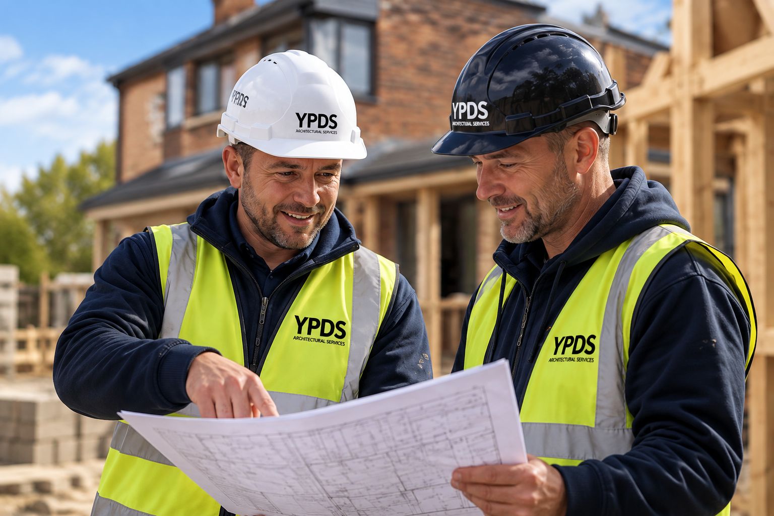 Two YPDS professionals in branded hard hats and hi-vis reviewing construction drawings on a Yorkshire residential site