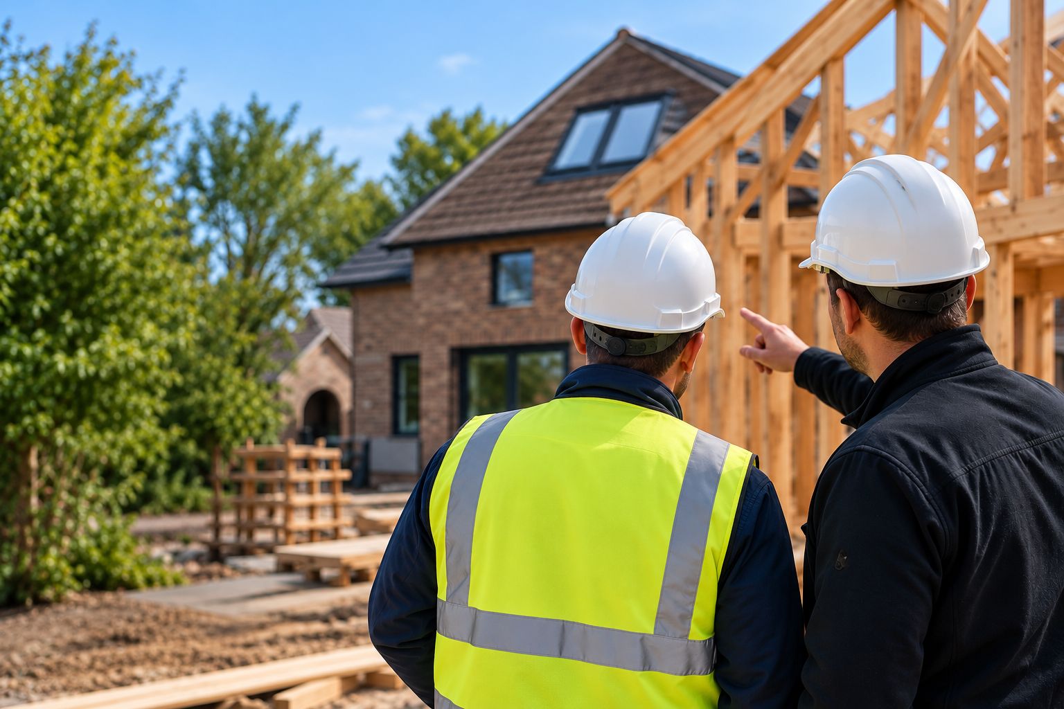 Two construction professionals in hard hats reviewing a timber-frame house project in Yorkshire