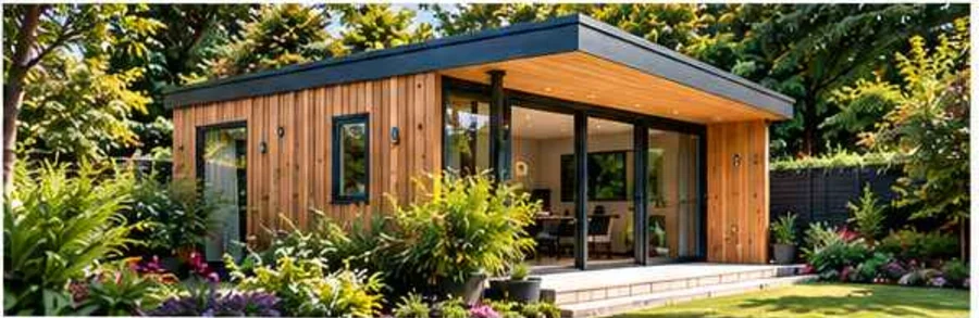 Timber-clad garden room in a landscaped garden — illustrative design visual