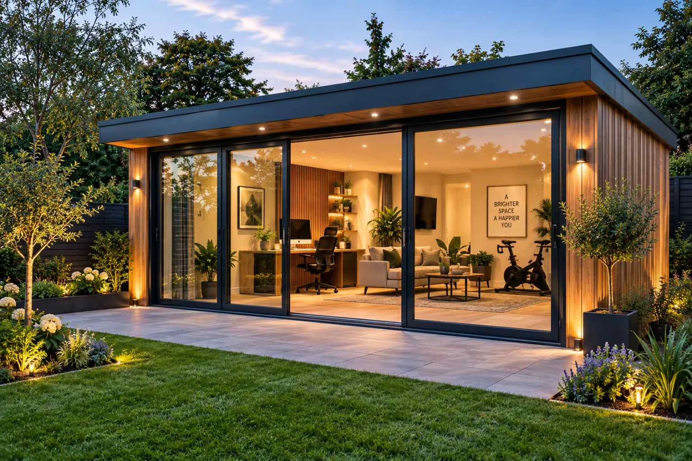 Garden room with bi-fold doors lit at dusk — illustrative design visual