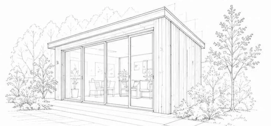 Line sketch of a garden room — illustrative design visual