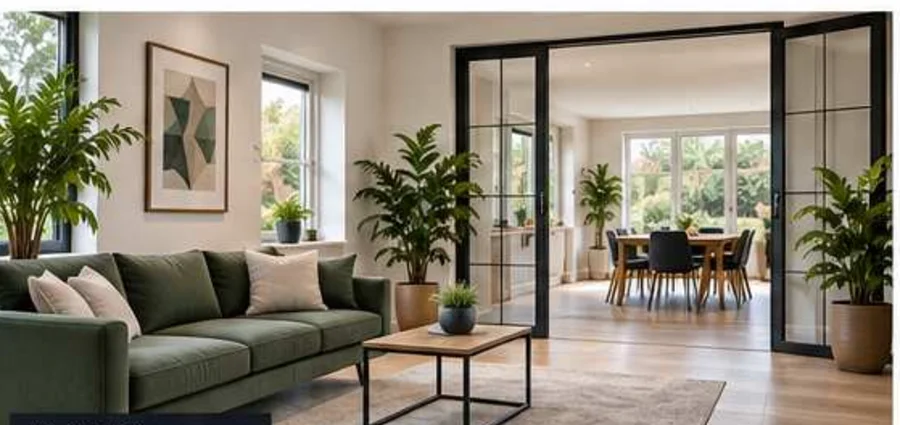 Living space opening to a dining room through glazed doors — illustrative design visual