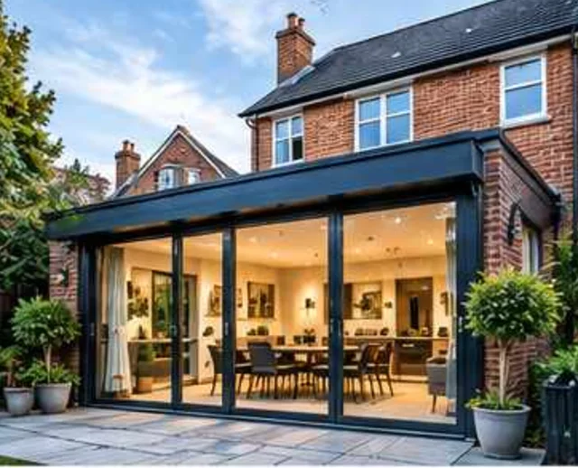 Contemporary rear extension with bi-fold doors lit at dusk, Leeds